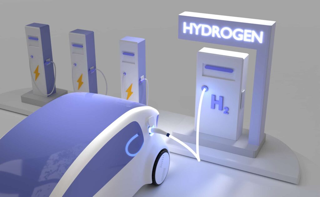 3D illustration of a futuristic car connected to a hydrogen fueling station via an illuminated cable.