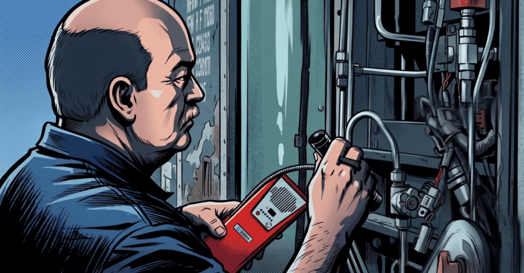 A technician meticulously inspecting a CNG fuel system, depicted in a graphic novel-style illustration.