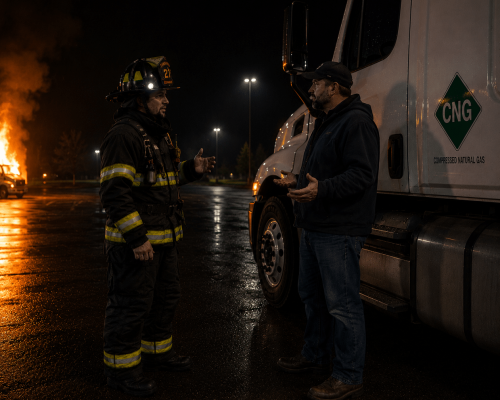A firefighter speaking with a CNG truck driver beside a compressed natural gas vehicle at night while a vehicle fire burns in the background, representing emergency response communication and CNG safety training.