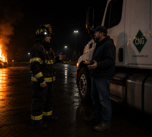 A firefighter speaking with a CNG truck driver beside a compressed natural gas vehicle at night while a vehicle fire burns in the background, representing emergency response communication and CNG safety training.