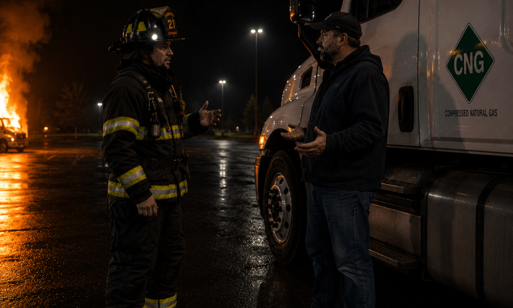 A firefighter speaking with a CNG truck driver beside a compressed natural gas vehicle at night while a vehicle fire burns in the background, representing emergency response communication and CNG safety training.
