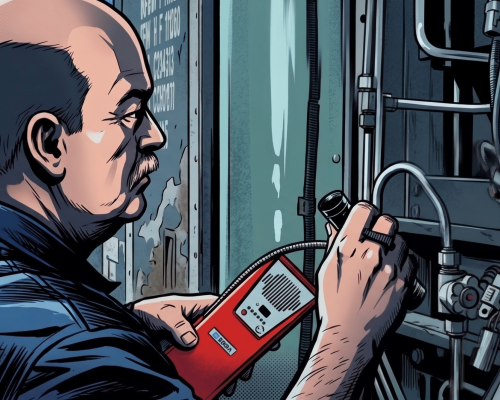 A technician meticulously inspecting a CNG fuel system, depicted in a graphic novel-style illustration.