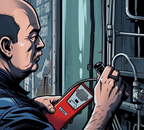 A technician meticulously inspecting a CNG fuel system, depicted in a graphic novel-style illustration.