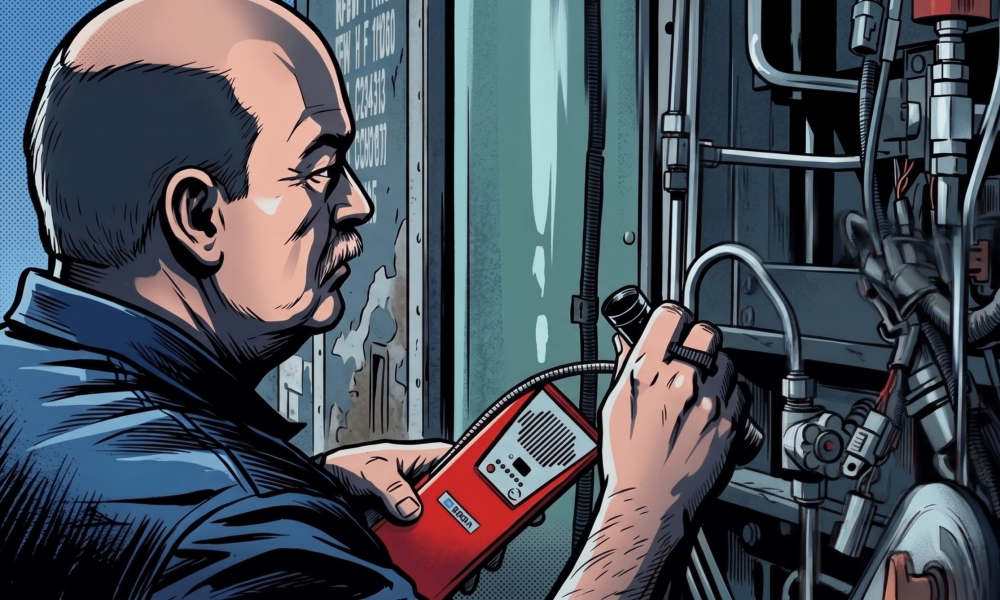 A technician meticulously inspecting a CNG fuel system, depicted in a graphic novel-style illustration.