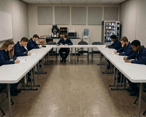 A group of technicians in navy coveralls sits at a U-shaped table in a training room while completing hydrogen fuel system certification assessments.