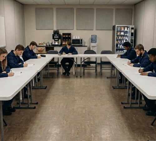 A group of technicians in navy coveralls sits at a U-shaped table in a training room while completing hydrogen fuel system certification assessments.
